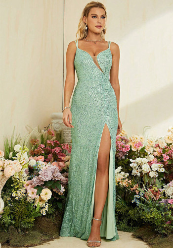 Women halter V-neck mesh see-through fishtail slit evening dress