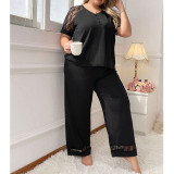 Plus Size Women's Summer V-Neck Patchwork Lace Short Sleeve Pajama Set