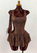 Women's Fashion Solid Color Lace Patchwork Multi-Layer Slim Waist Mini Dress