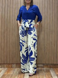 Women's Long Sleeve Stand Collar Shirt Tie-Waist & Printed Wide-Leg Pants Set