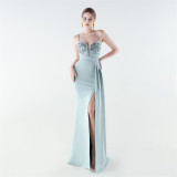 Women's Formal Luxury Beaded Solid Color Slim Waist Strappy High-Slit Gown