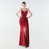 Women's Formal Luxury Solid Color Slim Waist Slit Evening Gown