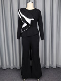 Women's Chic Contrast Ruffle Long Sleeve Top & Bell Bottom Pants Set