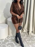 Women's Sexy PU Leather Sleeveless Fringe Vest & Shorts Two-Piece Set