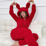 Women's Fall/Winter Hooded Coral Fleece Jumpsuit Pajamas