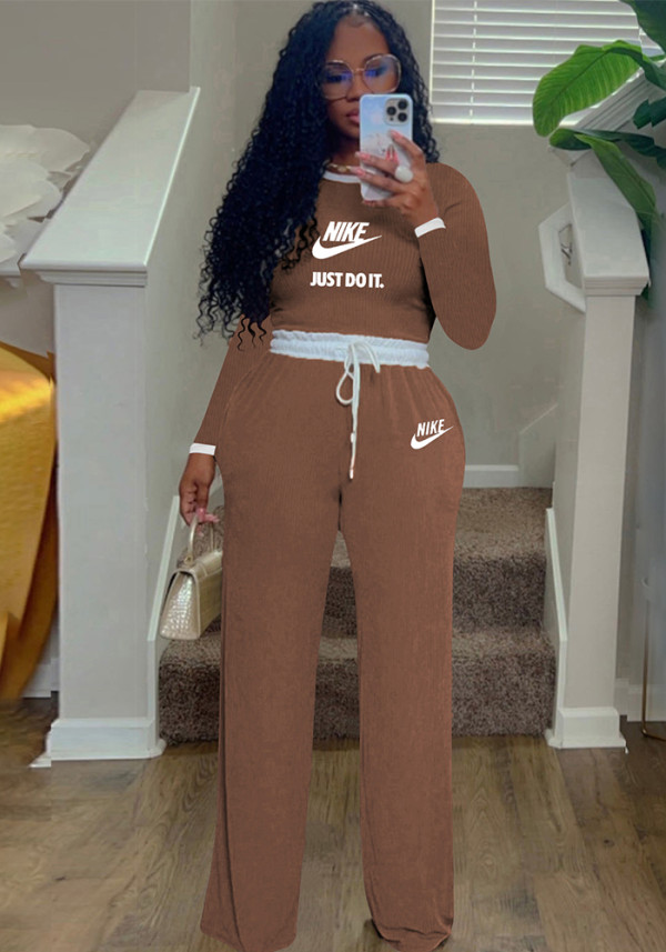 Women's Casual Street Ribbed Contrast Round Neck Long Sleeve Pants Set