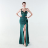 Women's Formal Luxury Beaded Solid Color Slim Waist Strappy High-Slit Gown