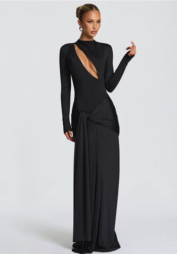 Women's Chic Long Sexy Tight-Fitting Cut-Out Round Neck Long Sleeve Solid Color Formal Party Dress
