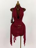 Women's Fashion Solid Color Chic Halter Neck Low Back Sexy Asymmetric Mini Dress