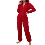 Women's Fall/Winter Hooded Coral Fleece Jumpsuit Pajamas
