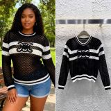 Women's Cut-Out Knit Short Sleeve Contrast Stripe Mesh T-Shirt