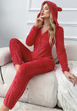 Women's Fall/Winter Coral Fleece V-Neck Hooded Long Sleeve Loose Casual Jumpsuit Pajamas