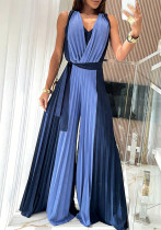Women's Contrast Patchwork Sleeveless Slim Waist Tie-Back Pleated Wide-Leg Jumpsuit