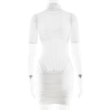Women's Fall/Winter Solid Color Turtle Neck Sexy Short Sleeve See-Through Tight-Fitting Bodycon Mini Dress