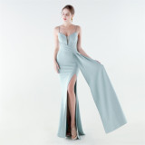 Women's Formal Luxury Solid Color Slim Waist Slit Evening Gown