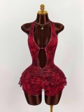 Women's Fashion Leopard Print Sexy Halter Neck Low Back Lace-Up Tiered Mini Dress