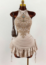 Women's Fashion Halter Neck Print Holidays Sexy Multi-Layer Mini Dress