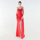 Women's Formal Luxury Beaded Solid Color Slim Waist Strappy High-Slit Gown