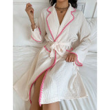 Women's Fall/Winter Tie-Waist Color Block Turndown Collar Long Sleeve Robe