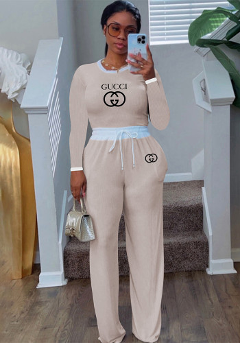 Women's Casual Street Ribbed Contrast Round Neck Long Sleeve Pants Set