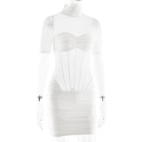 Women's Fall/Winter Solid Color Turtle Neck Sexy Short Sleeve See-Through Tight-Fitting Bodycon Mini Dress
