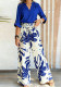 Women's Long Sleeve Stand Collar Shirt Tie-Waist & Printed Wide-Leg Pants Set