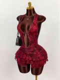 Women's Fashion Leopard Print Sexy Halter Neck Low Back Lace-Up Tiered Mini Dress