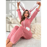 Women's Fall/Winter Heart Pattern Hooded Coral Fleece Jumpsuit Pajamas