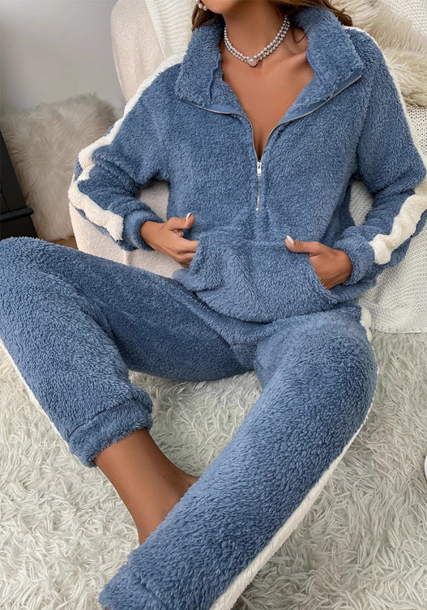 Women's Fall/Winter Coral Fleece Stand Collar Zip Casual Long Sleeve Pajama Set