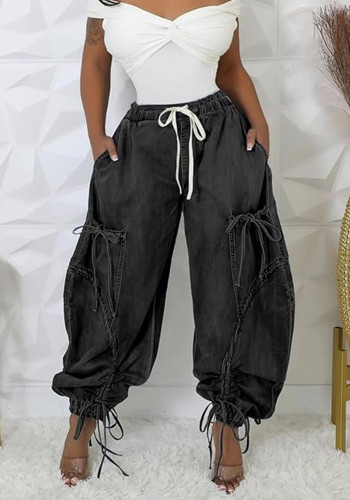 Women's Casual Elastic Drawstring Tie-Hem Bow Slim Fit Straight Denim Pants