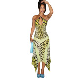 Women's Fall/Winter Slim Low Back Halter Neck Lace-Up Printed Maxi Chic Dress