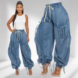 Women's Casual Elastic Drawstring Tie-Hem Bow Wide Leg Straight Denim Pants
