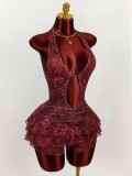 Women's Fashion Leopard Print Sexy Halter Neck Low Back Lace-Up Tiered Mini Dress