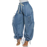 Women's Casual Elastic Drawstring Tie-Hem Bow Wide Leg Straight Denim Pants