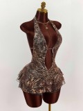 Women's Fashion Leopard Print Sexy Halter Neck Low Back Lace-Up Tiered Mini Dress