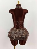 Women's Fashion Leopard Print Sexy Halter Neck Low Back Lace-Up Tiered Mini Dress