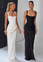 Women's Fall/Winter Solid Color Chic Elegant Slim Low Back Square Neck Strap Dress