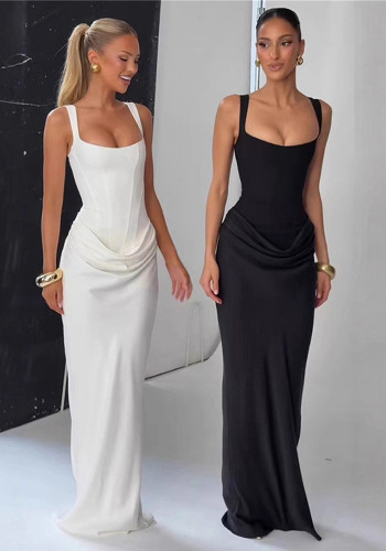 Women's Fall/Winter Solid Color Chic Elegant Slim Low Back Square Neck Strap Dress