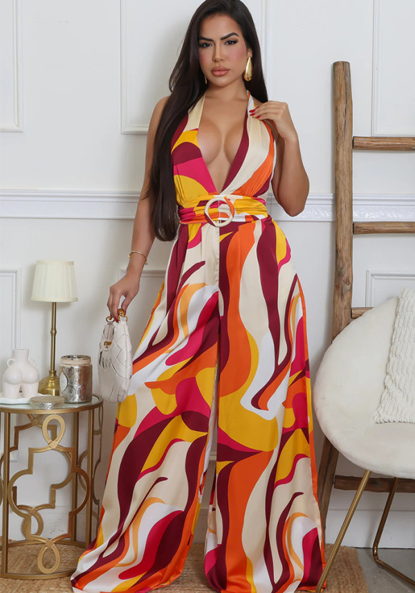 Women's Printed Casual Sleeveless Low Back Sexy Lace-Up Deep V Wide-Leg Jumpsuit