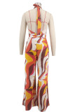 Women's Printed Casual Sleeveless Low Back Sexy Lace-Up Deep V Wide-Leg Jumpsuit