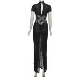 Women's Fall/Winter Sexy Round Neck Slim Fit See-Through Slit Short Sleeve Chic Dress