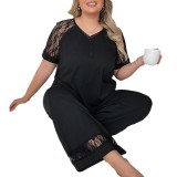 Plus Size Women's Summer V-Neck Patchwork Lace Short Sleeve Pajama Set