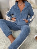 Women's Fall/Winter Coral Fleece Stand Collar Zip Casual Long Sleeve Pajama Set