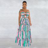 Ladies Fashion Striped Print Strapless Top Long Skirt Two-Piece Set