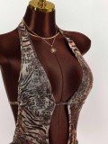 Women's Fashion Leopard Print Sexy Halter Neck Low Back Lace-Up Tiered Mini Dress