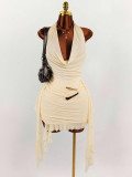 Women's Fashion Solid Color Chic Halter Neck Low Back Sexy Asymmetric Mini Dress