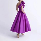 Women's Solid Color Ruffled Slash Shoulder Chic Long Puff Ball Gown