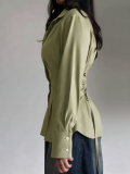Women's Green Back Tie-Detail Slim Waist Long Sleeve Blouse