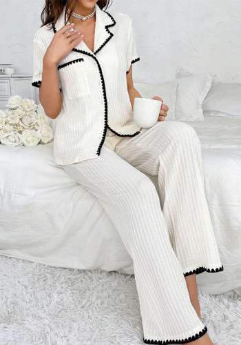 Women's Fall Turndown Collar Color Block Short Sleeve Pajama Set