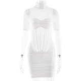 Women's Fall/Winter Solid Color Turtle Neck Sexy Short Sleeve See-Through Tight-Fitting Bodycon Mini Dress